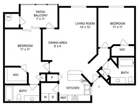 Floor plan for 2 beds, 2 baths, 1014 sqft